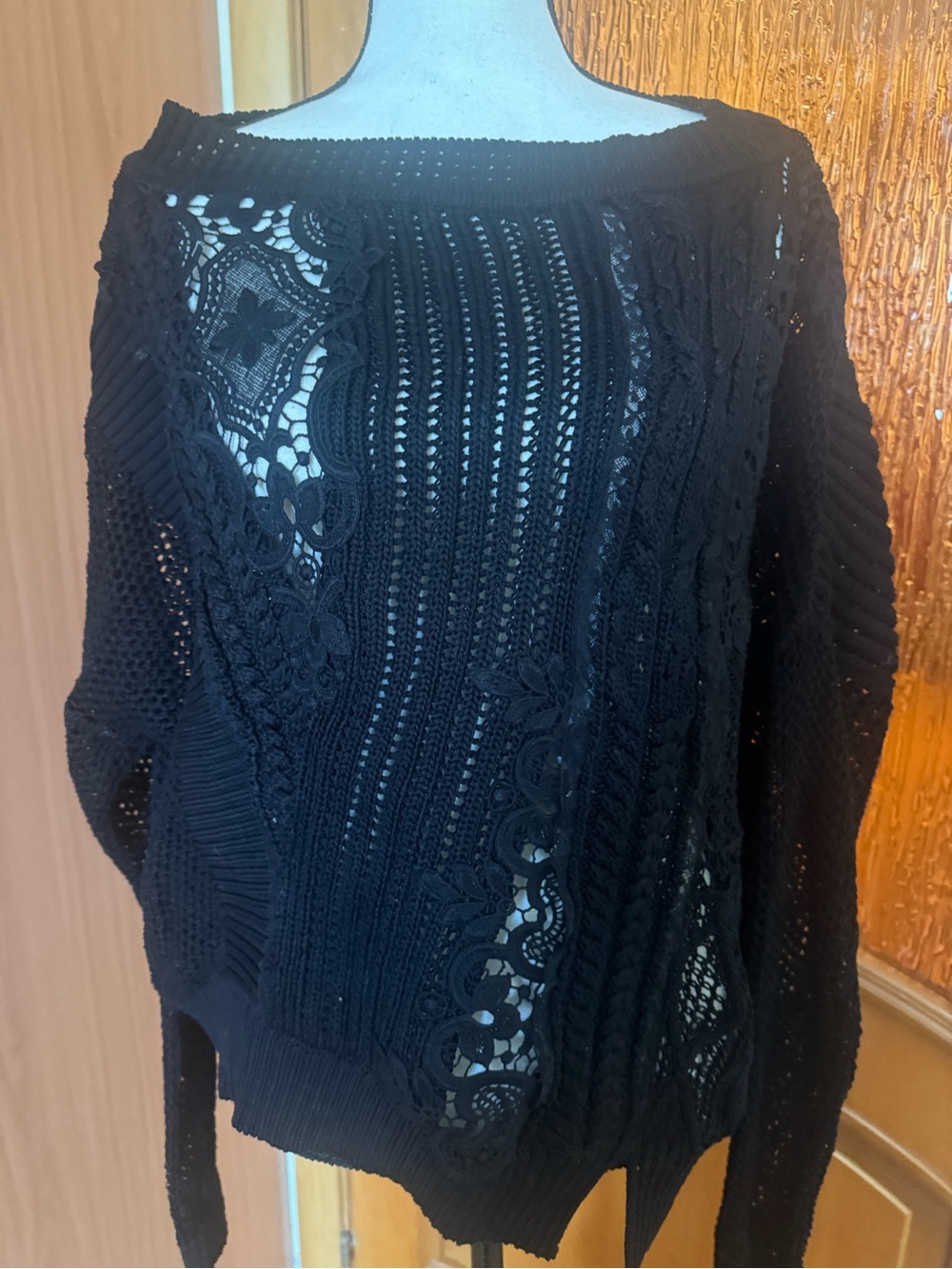 Ermanno Scervino Black Off-the-Shoulder Lace-Trim Knit Sweater